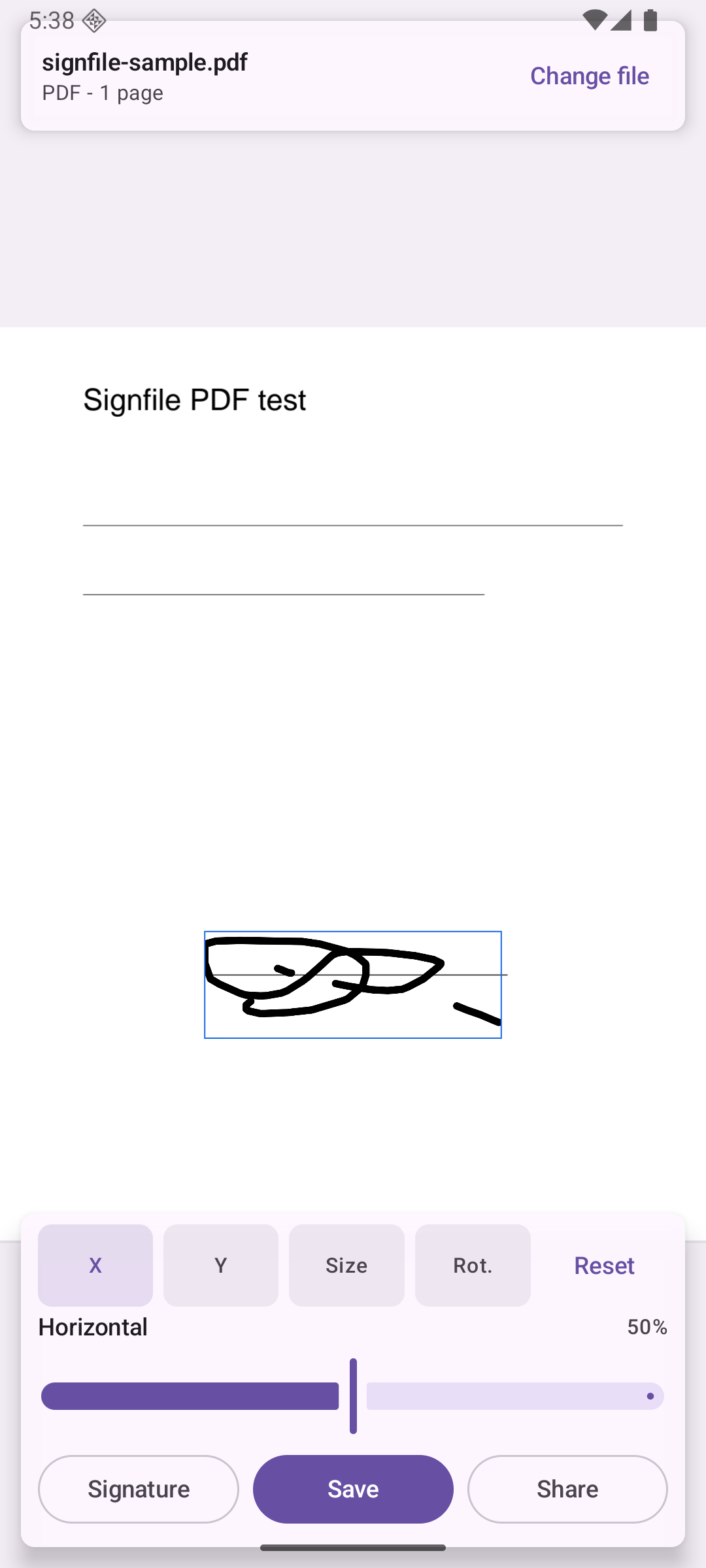 Signature placement screen showing a document and adjustment controls